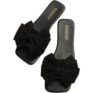 Women's Bow Black Square Toe Flat Summer Sandals Slides Slip On Shoes